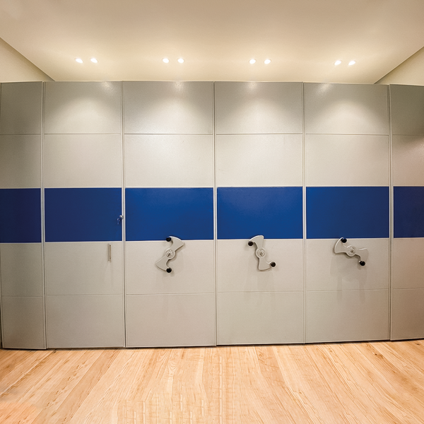 Sistema de Archivo Móvil Compacto con Volante Mecánico - Paneles Decorativos Gris/Azul